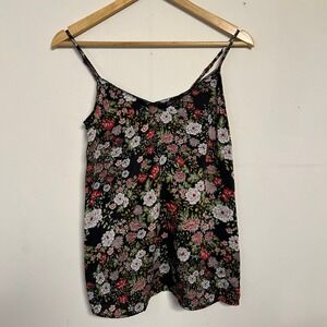 Promod Floral Cami Top Black Red White Lace‎ Trim Spaghetti Strap Tank Women